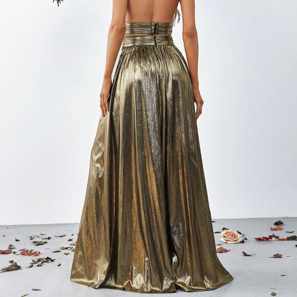 Bronze Women's Cross Wrap Front Backless Metallic Halter Wide Leg Jumpsuit - Picture 2 of 6